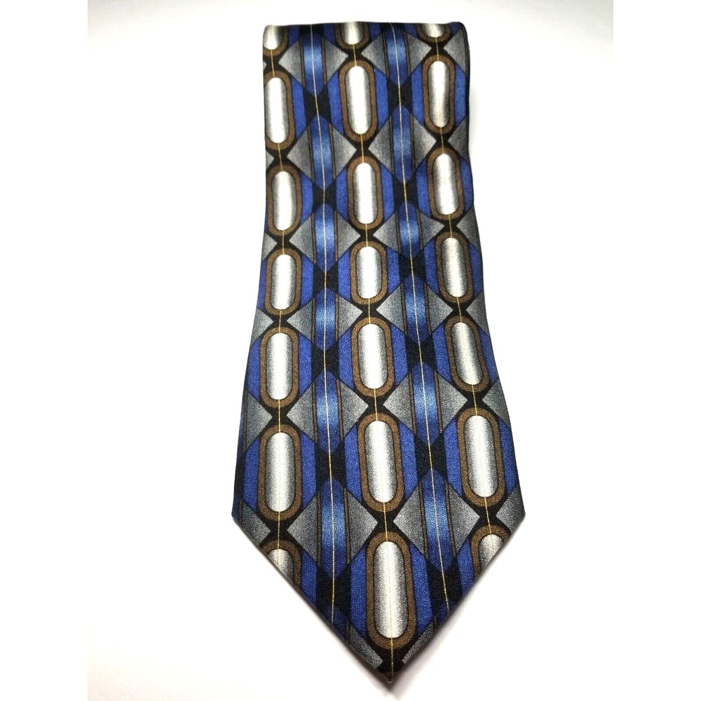 Bellini NY/Milan Geometric Blue Gold Cream 100%‎ Imported Silk Pointed Tie USA